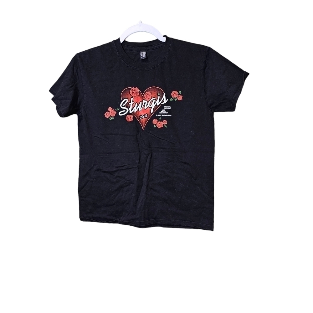 Vintage Sturgis Women's T-Shirt Black With Red Heart And Roses Sz Large